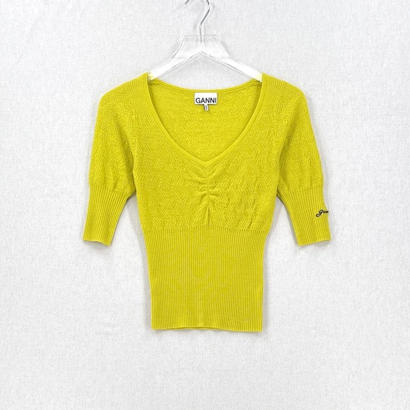 GANNI Tender Shoots Merino Lace Top Women XS Scoop Yellow Green Knit Sweater Top - Picture 4 of 16